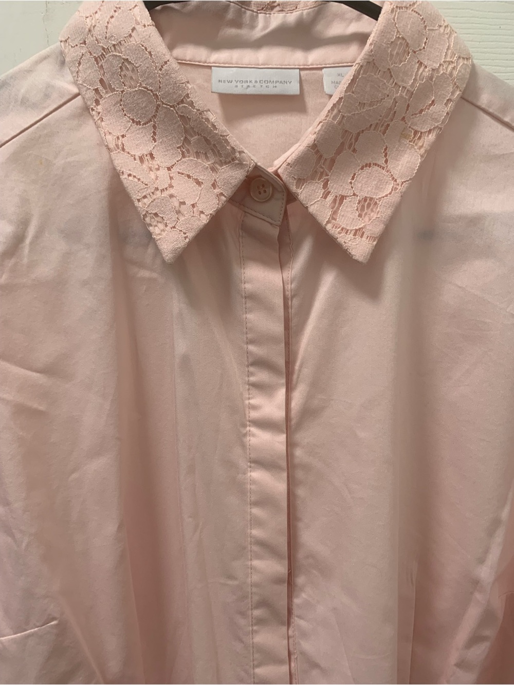 New York & Company Stretch Light Pink Lace Collar Cotton Button Down Shirt